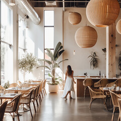 Cosy atmospheric interior of a restaurant with wooden furniture and pal decoration.