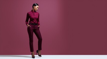Fashionable model in a chic, monochromatic outfit. Deep burgundy color scheme matches the simple background. Stylish, elegant, and confident, she embodies modern sophistication. A bold fashion statem