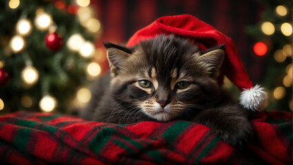 cat in santa hat, festive, in front of christmas tree, bokeh lights in the background, beautiful christmas theme