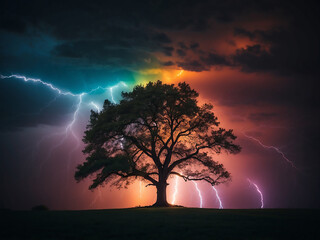 landscape with tree and lightnings, surreal landscape