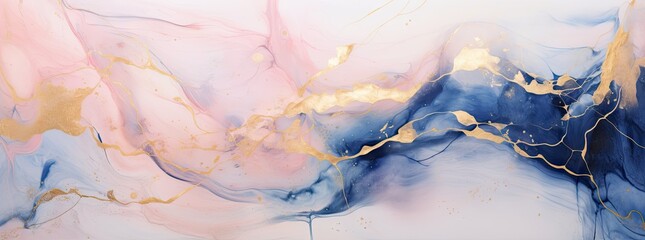 Banner with fluid art texture. Backdrop with abstract mixing paint effect. Liquid acrylic artwork that flows and splashes. Mixed paints for interior poster. Blue, gold and pink colors
