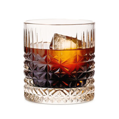 A Black Russian cocktail in crystal-clear glass sits against a white background