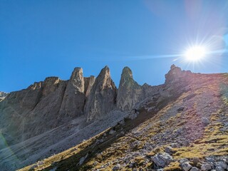 Beautiful landscape of Italian dolomites-with mountain meadows,lakes and rocky and sharp mountain tops,Dolomite Alps mountains, Trentino Alto Adige region, Sudtirol, Dolomites, Italy