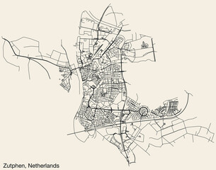 Detailed hand-drawn navigational urban street roads map of the Dutch city of ZUTPHEN, NETHERLANDS with solid road lines and name tag on vintage background