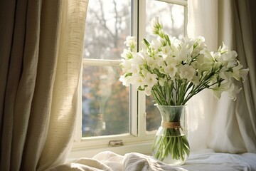 A vase of white flowers on a window sill with curtains and multiple windows. Generative AI