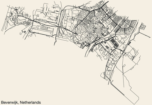 Detailed hand-drawn navigational urban street roads map of the Dutch city of BEVERWIJK, NETHERLANDS with solid road lines and name tag on vintage background