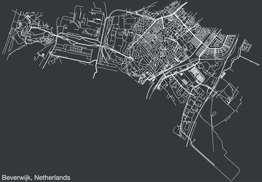 Detailed hand-drawn navigational urban street roads map of the Dutch city of BEVERWIJK, NETHERLANDS with solid road lines and name tag on vintage background