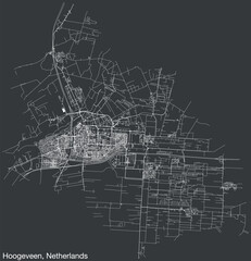Detailed hand-drawn navigational urban street roads map of the Dutch city of HOOGEVEEN, NETHERLANDS with solid road lines and name tag on vintage background