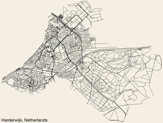 Detailed hand-drawn navigational urban street roads map of the Dutch city of HARDERWIJK, NETHERLANDS with solid road lines and name tag on vintage background