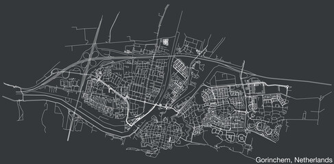 Detailed hand-drawn navigational urban street roads map of the Dutch city of GORINCHEM, NETHERLANDS with solid road lines and name tag on vintage background