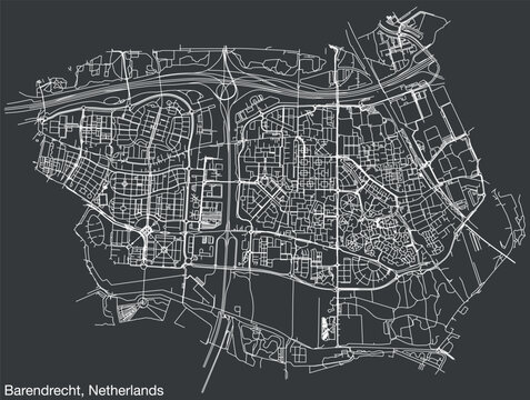 Detailed hand-drawn navigational urban street roads map of the Dutch city of BARENDRECHT, NETHERLANDS with solid road lines and name tag on vintage background