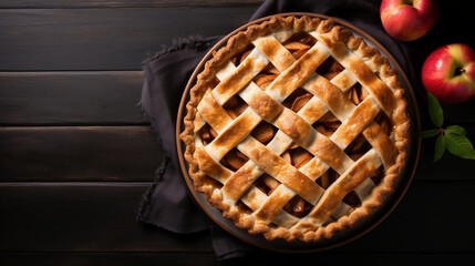 Still life with apple pie and fresh apples on rustic wooden background - obrazy, fototapety, plakaty