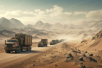 A group of cargo trucks driving through a desolate landscape. Generative AI - obrazy, fototapety, plakaty