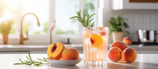 Organic cold peach juice with ice rosemary garnish fruit slices in chic white kitchen With copyspace for text