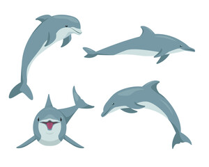 Obraz premium Dolphin animals set. Cute dolphins, sea fauna characters in different poses. Ocean aquatic animal dolphin jumping, swimming, smiling. Vector flat or cartoon illustration isolated on white background.