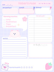 Cute inspiration notepaper kawaii design printable .  White pink pages for tags , weekly notes,  to do list minimal style with animal character tags 