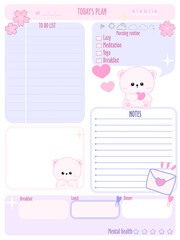 Cute inspiration notepaper kawaii design printable .  White pink pages for tags , weekly notes,  to do list minimal style with animal character tags 