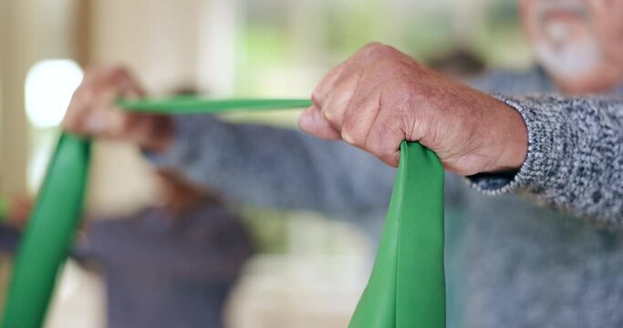 Hands, senior man and resistance band for exercise, recovery and gym for healthy muscle in retirement. Physiotherapy, fitness and workout for stretching, rehabilitation and closeup in nursing home