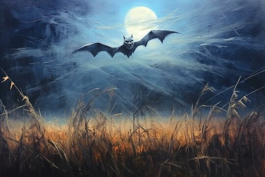 A spooky ghost roams through a moonlit field on Halloween, accompanied by flying bats. Generative AI