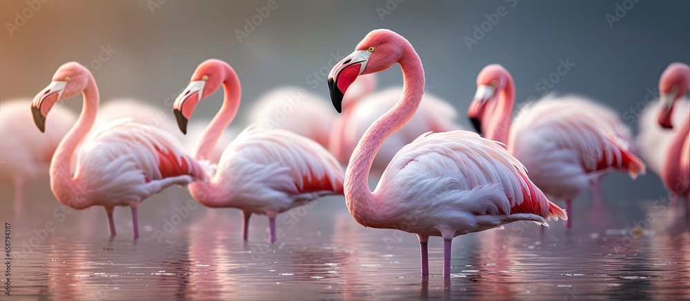 Wall mural Greater Flamingos in Camargue France cleaning feathers in wildlife scene