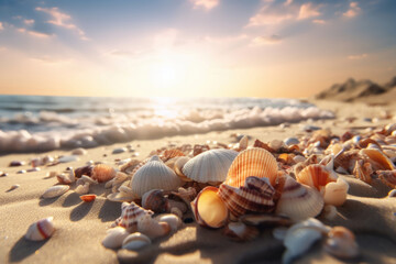 Seashells on a beach with blue ocean water and sunny sky create a natural beauty that is perfect for travel and vacation. The coastal environment provides a scenic horizon view. AI Generative.