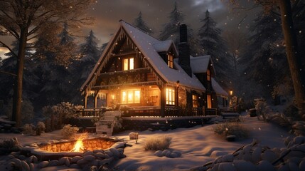 A cozy cabin in the woods during winter, surrounded by a blanket of snow, with a warm fire...