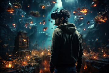 A person immersed in a virtual reality headset, exploring the philosophical implications of artificial worlds. Concept of virtual reality philosophy. Generative Ai.