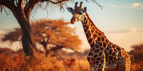 A majestic giraffe standing tall against the backdrop of the African savannah, AI Generative