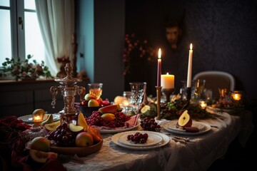Fototapeta na wymiar Festive table adorned with Christmas breakfast and beautifully decorated. Generative AI