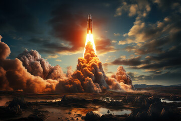 A rocket launching into the sky, symbolizing human achievement in space exploration. Concept of scientific progress. Generative Ai.