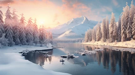 Keuken foto achterwand Reflectie A magical winter wonderland with snow-laden trees, a frozen lake reflecting the surrounding mountains, and the soft, diffused light of a setting sun