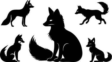 Fox Silhouette Clipart Set. Vector Illustration Isolated on white Background.