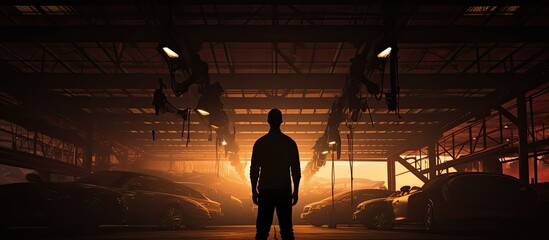 A mechanic holding a wrench beneath a car in an auto shop With copyspace for text