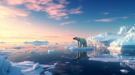 A remote, untouched Arctic tundra, with icebergs floating in a frigid sea, and a polar bear surveying the icy expanse
