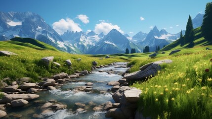 A serene alpine meadow high in the Swiss Alps, with a clear mountain stream meandering through fields of wildflowers, and snow-capped peaks in the distance