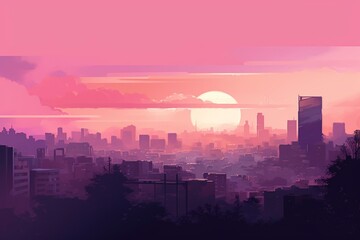 Cityscape with purple and pink hues. Generative AI