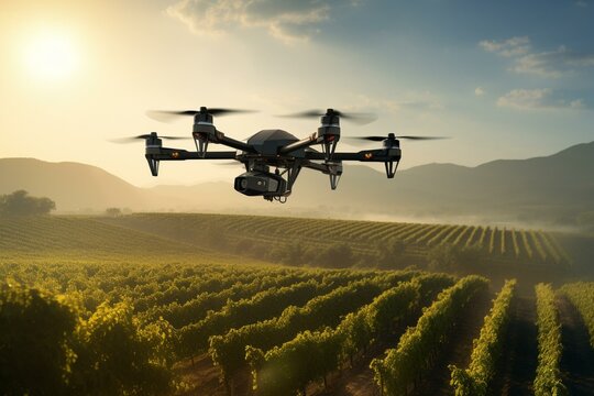 A drone sprayer hovers above a vineyard, aiding in smart farming and precision agriculture. Generative AI