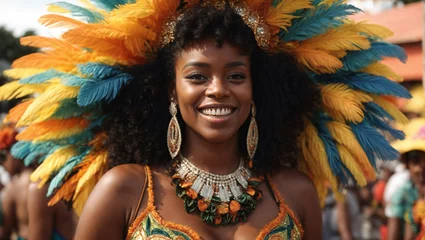 Keuken spatwand met foto samba dancer woman, Brazilian carnival, colorful and striking costumes, full of feathers and sequins, Rio de Janeiro carnival. summer, sunset © Juan Gumin
