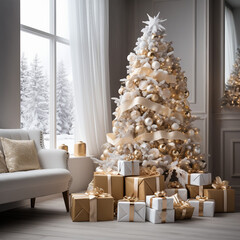 Gift-Wrapped Wonders, A Frosty White Christmas Tree Sparkles with Presents