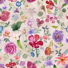 Fototapeta na wymiar Various flowers seamless watercolor pattern on textural background. Spring blooming garden. Different wild flowers blossom. Colorful summer bouquet composition