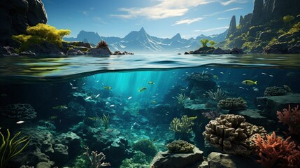 Fototapeta na wymiar Underwater Scene - Tropical Seabed With Reef And Sunshine.