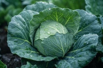 Fresh cabbage drenched on field under rain. Generative AI