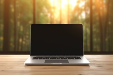 Blank laptop on wooden table. Wide web banner. Front view. Copy space. 3D rendering. Generative AI