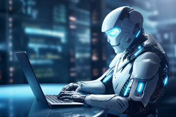 Robot working on laptop