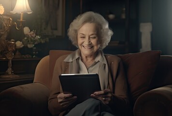 elderly woman with tablet in her hands distracting herself in the living room, technology concept