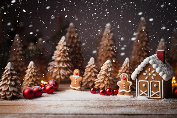 Gingerbread men, gingerbread houses, decorative Christmas trees stand against the background of a wooden wall with swirling snowflakes and colored bokeh.