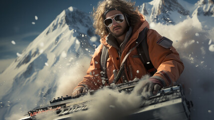 Man plays Electronic piano music while skiing or snowboarding in clouds of snow. Music for...