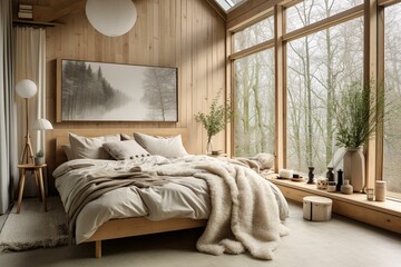 Cozy Scandinavian bedroom with timber furnishings. Generative AI