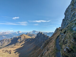 Naklejka premium Beautiful landscape of Italian dolomites-with mountain meadows,lakes and rocky and sharp mountain tops,Dolomite Alps mountains, Trentino Alto Adige region, Sudtirol, Dolomites, Italy