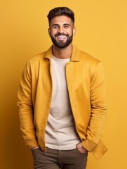 Obraz premium Happy european man in casual clothing against a neutral background